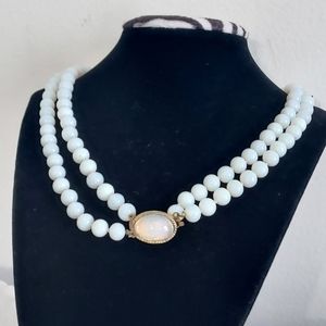 Vintage Necklace Mother of Pearl Milk Glass Polished Bead Double Strand Enamel